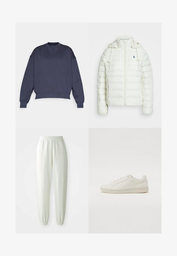 Biela zateplená bunda s predným zipsom a kapucňou. Obsahuje horizontálne prešívané časti a modré logo na ľavej hrudi. Mäkko hladká textúra.; Tmavomodrá mikina so okrúhlym výstrihom, spustenými ramenami a rebrovanými manžetami. Vyrobená z mäkkej, textúrovanej látky s uvoľneným strihom.; Svetlozelené joggingové nohavice vyrobené z mäkkej tkaniny. Elastický pás a manžety s voľným strihom. Hladká štruktúra, bez vzorov alebo akcentov.; Biele kožené tenisky s hladkým povrchom, okrúhlou špičkou, tradičným šnurovaním a nízkoprofilovou gumovou podrážkou. Minimalistický dizajn.