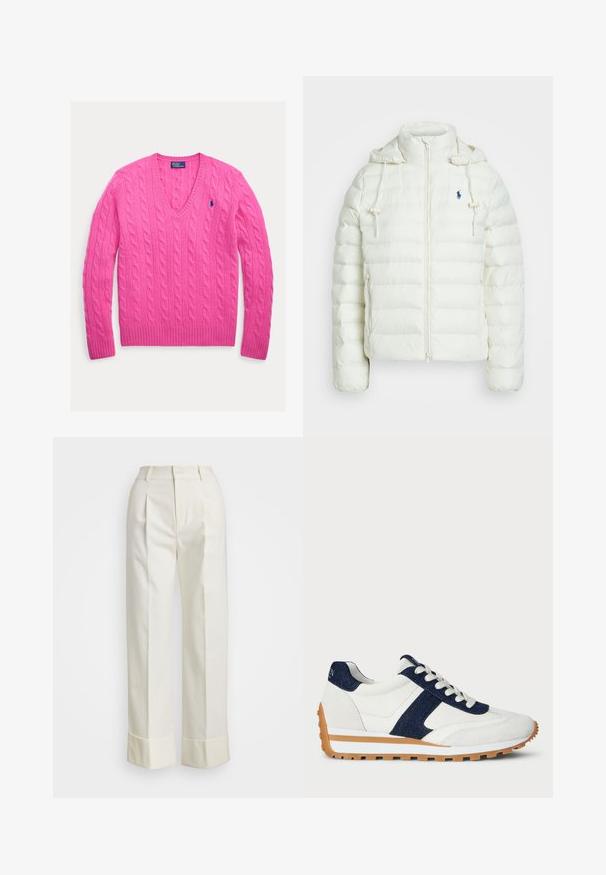 Hvit pufferjakke med glidelås og hette. Har horisontale kviltepartier og en blå logo på venstre bryst. Myk, glatt tekstur.; Rosa kabelstrikket genser med V-hals og ribbestrikkede mansjetter. Har en liten brodert logo på venstre bryst. Laget av mykt materiale.; Hvite skreddersydde bukser med høy midje, doble frontfold, og vide ben med brettede mansjetter. Laget av et glatt, teksturert stoff.; Hvit sneaker med marineblå denim og semsket skinn detaljer. Den har en teksturert overdel, polstret krage, snøring foran og en kontrasterende gummisåle.
