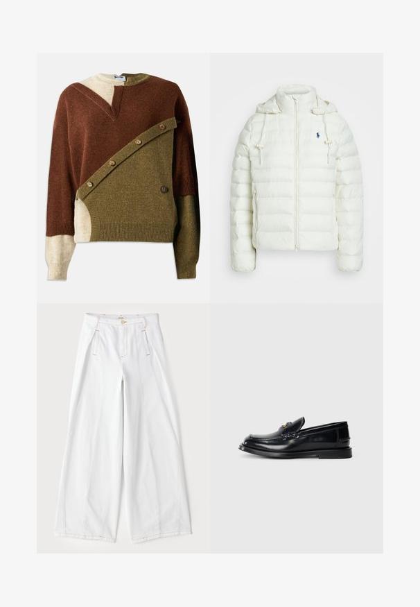 Chaqueta de plumas blanca con cierre de cremallera y capucha. Cuenta con secciones acolchadas en horizontal y un logo azul en el lado izquierdo del pecho. Textura suave y lisa.; Jersey de punto que presenta una mezcla de tonos marrones, verde oliva y beige. Incluye un diseño diagonal único con acentos de botones en el frente.; Pantalones anchos blancos de mezclilla, con costuras naranjas en contraste, pliegues delanteros y un diseño clásico de cinco bolsillos.; Mocasín de cuero negro con un diseño cosido, una pequeña solapa frontal y una suela de goma plana. Textura suave con un acento de herrajes en tono dorado.