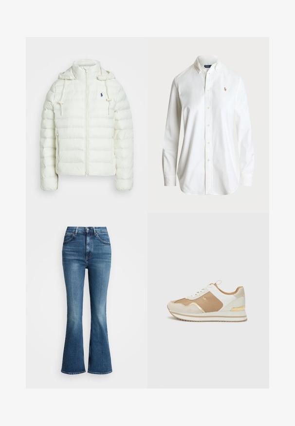 Hvit pufferjakke med glidelås og hette. Har horisontale kviltepartier og en blå logo på venstre bryst. Myk, glatt tekstur.; Hvit skjorte med klassisk krage, lange ermer og en diskret brodert logo på brystet. Laget av kvalitets bomullsstoff.; Høytlivede flared jeans i middels blå denim, med klassisk fem-lommers design og kontraststing. Kantene er rå.; HVIT og beige sneakers med gullakenter, teksturert stoff og glatt skinn. Har en tykk såle og pynte-snøring.