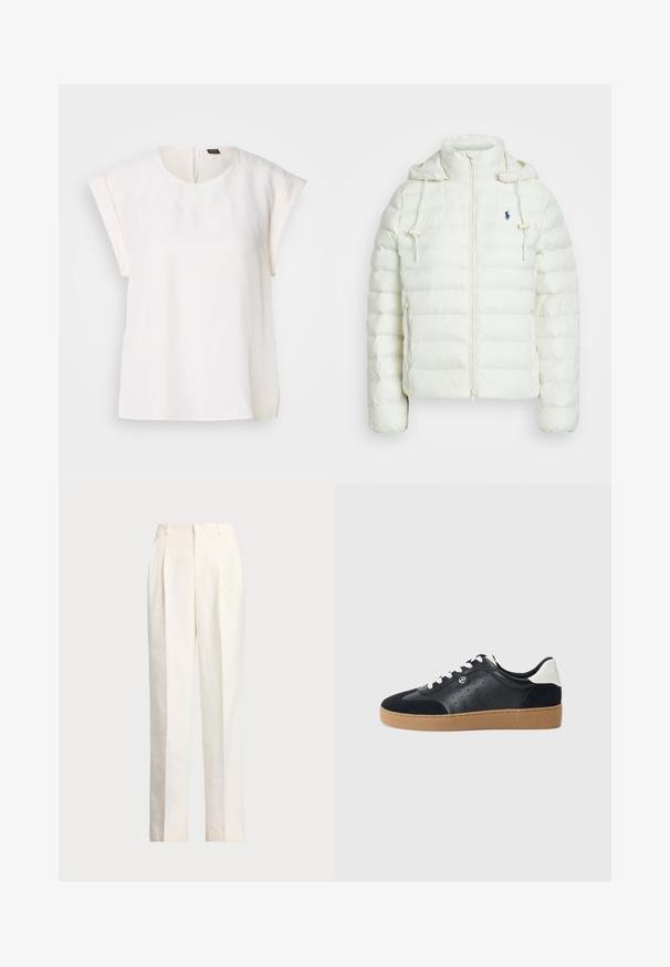 Giacca puffer bianca con chiusura zip e cappuccio. Presenta sezioni trapuntate orizzontali e un logo blu sul lato sinistro del petto. Texture morbida e liscia.; Blusa bianca a maniche corte con scollo rotondo, tessuto morbido e zip invisibile sul retro. Orlo dritto e vestibilità rilassata.; Polo Ralph Lauren HEMP WIDE LEG PANT - Pantaloni - nevis; Sneaker in pelle nera e suede con suola in gomma marrone chiaro. Presenta lacci bianchi e piccole perforazioni sui lati. Logo Michael Kors presente.
