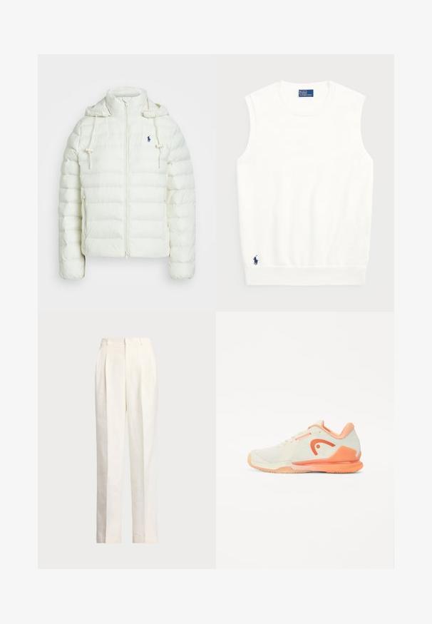 Jachetă puf albă cu închidere prin fermoar și glugă. Prezintă secțiuni matlasate orizontale și un logo albastru pe pieptul stâng. Textură moale și netedă.; Pulover alb fără mâneci, realizat din bumbac moale, cu un tiv crenelat și un mic logo bleumarin în colțul din stânga jos. Design simplu, fără modele.; Polo Ralph Lauren HEMP WIDE LEG PANT - Pantaloni - nevis; Pantof de tenis în crem deschis, cu un superior din plasă texturată, accente piersici și un logo distinctiv. Dispune de o talpă din cauciuc flexibil pentru aderență.