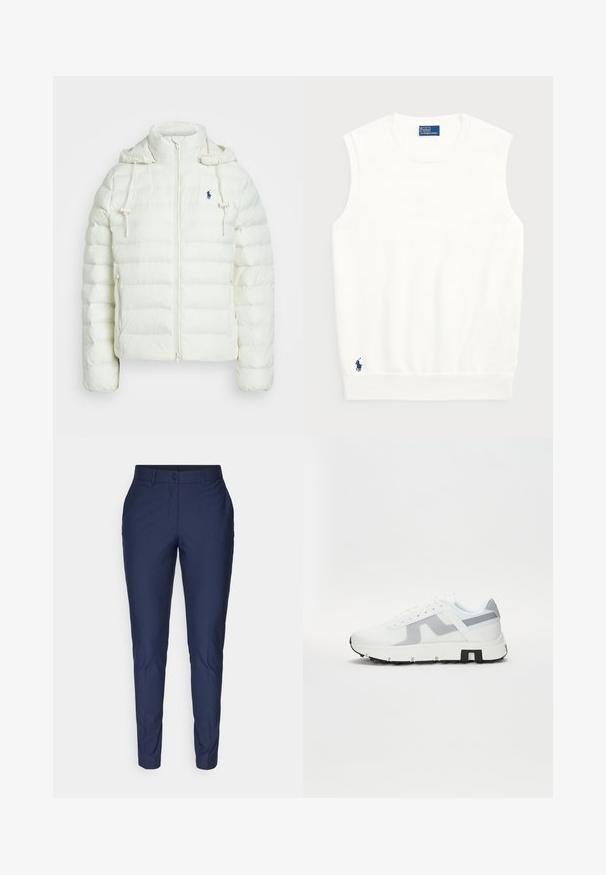 Balts pūkains mētelis ar rāvējslēdzēju un kapuci. Iezīmes horizontālas quiltētas zonas un zils logo kreisajā krūtī. Mīksta, gluda tekstūra.; Balts bezpaliktņa džemperis, izgatavots no gludas kokvilnas, ar ribotu apmalīti un mazu tumši zilu logotipu apakšējā kreisajā stūrī. Vienkārša dizaina, bez rakstiem.; Jūras zilo uzvalka bikses ar šauru piegriezumu, pogas aizdari un gludu auduma tekstūru. Iezīmē sānu kabatas un tīru jostas dizainu.; Baltie sporta kedas ar pelēkiem akcentiem, strukturētu virsu, biezu zoli un kontrastējošu melnu papēdi. Šņorēšanas dizains ar sieta paneļiem.