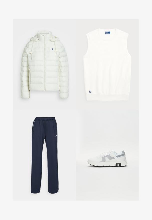 Balta pūkinė striukė su užtrauktuku ir kapišonu. Pasižymi horizontaliai siuvinėtomis dalimis ir mėlynu logotipu kairėje krūtinės pusėje. Minkšta, lygi tekstūra.; Balta be rankovių liemenė, pagaminta iš lygios medvilnės, su raukštu apvadu ir mažuoju tamsiai mėlynu logotipu apatiniame kairiajame kampe. Paprastas dizainas, be raštų.; Tamsiai mėlynos sportinės kelnės su elastinga juosta, dviem šoniniais kišenėmis ir subtiliais baltais logotipų akcentais. Pagamintos iš lygaus, elastingo audinio.; Baldos sportiniai bateliai su pilkais akcentais, struktūruota viršutinė dalis, storas padas ir kontrastingas juodas kulno detalė. Raištelių sistema su tinklinėmis panelėmis.