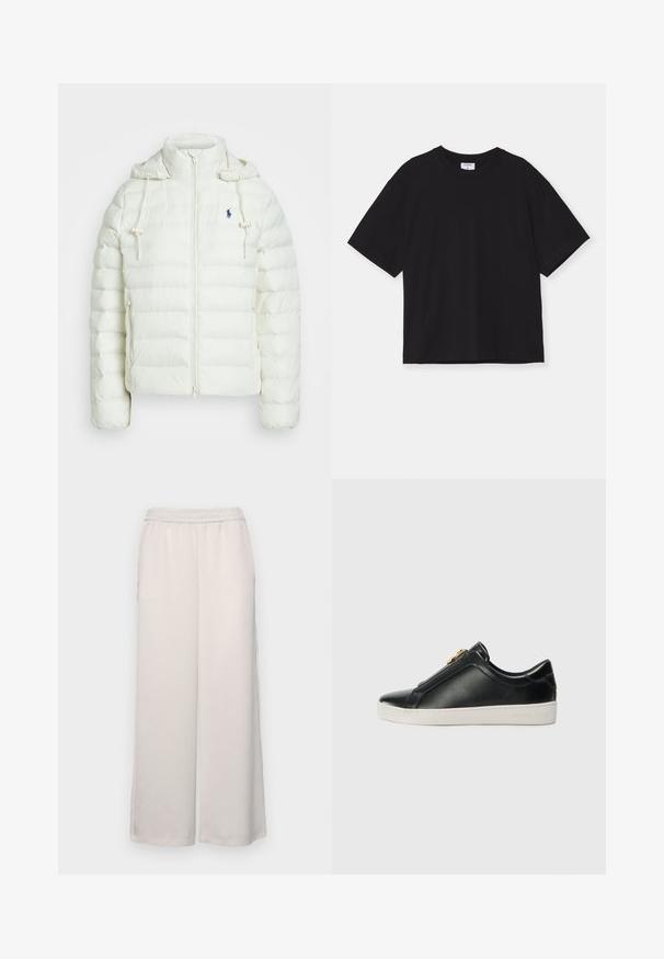 White puffer jacket with a zip closure and hood. Features horizontal quilted sections and a blue logo on the left chest. Soft, smooth texture.; Black short-sleeved t-shirt made of cotton. It features a relaxed fit, round neckline, and no visible patterns or embellishments.; Light beige wide-leg pants with an elastic waistband. Smooth fabric, full-length, no visible embellishments or patterns.; Black leather slip-on shoes with a raised seam, silver hardware detail on the upper, and a white rubber sole featuring embossed branding.