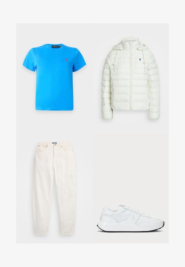 Balta pūkinė striukė su užtrauktuku ir kapišonu. Pasižymi horizontaliai siuvinėtomis dalimis ir mėlynu logotipu kairėje krūtinės pusėje. Minkšta, lygi tekstūra.; Mėlynas medvilninis marškinėlis su apvalia iškirpte ir trumpomis rankovėmis. Kairėje krūtinės pusėje išsiuvinėtas ryškus raudonas logotipas. Lygus audinys.; Balti džinsai su tiesiu kirpimu, aukštu liemeniu, variniais nuleidžiamais taškais ir penkių kišenių dizainu. Lygus paviršius, klasikinis stilius.; Baltos odinės sportbačiai su glotnia tekstūra, su raišteliais, subtiliu ženklinimu ir kontrastine juoda guminėmis padais, užtikrinančiomis sukibimą ir ilgaamžiškumą.