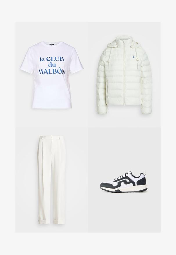 Valge puhvijakk, millel on lukuga sulgemine ja kapuuts. Omab horisontaalseid tepinguga sektsioone ja sinist logot vasakul rinnal. Pehme, sile tekstuur.; Valge puuvillane t-särk lühikeste varrukatega. Sinise tikandiga tekst "le CLUB du MALBÔN." Klassikaline ümmargune kaelus.; Valged kohandatud püksid, millel on kaks esist oma, sirge lõige ja volditud äärised. Valmistatud siledast kangast, klassikaline disain.; Valge ja must madalate tennisekingade paar, millel on mustriga kummitald ja zikk-zakk disain külgedel, nähtud välisküljelt ühtlase tausta peal.