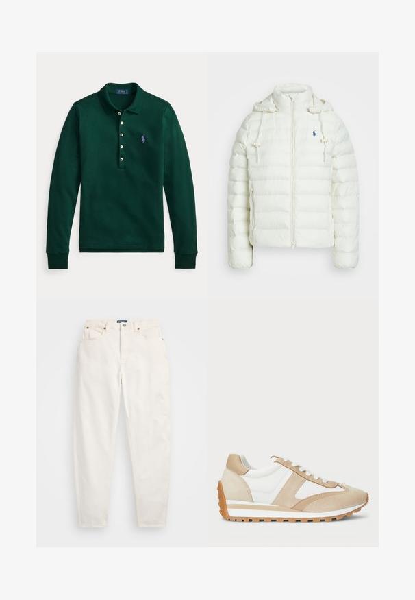 Bílá péřovka s uzávěrem na zip a kapucí. Obsahuje horizontálně prošívané sekce a modré logo na levé hrudi. Jemná, hladká textura.; Zelené polo tričko s dlouhým rukávem z bavlny. Má složený límec, pět knoflíků na rozepínání a fialové logo na levé straně hrudi.; Bílé denimové džíny se středním střihem, vysokým pasem, měděnými nýty a designem s pěti kapsami. Hladká textura, klasický styl.; Lauren Ralph Lauren DANI SUEDE & LEATHER SNEAKER - Tenisky - snw wht/sand dune/sand dune