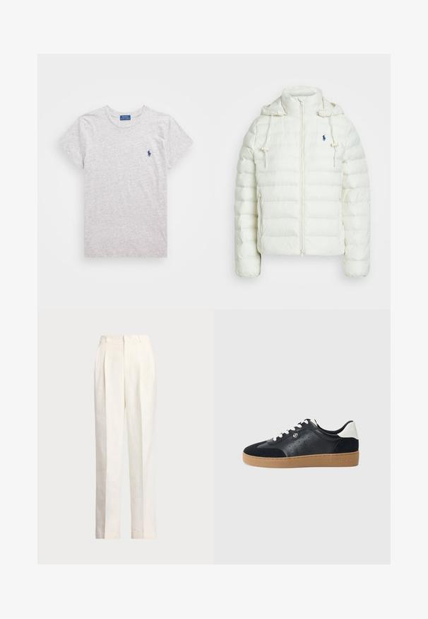 Casaco puffer branco com fecho de zíper e capuz. Apresenta seções acolchoadas horizontais e um logótipo azul no lado esquerdo do peito. Textura suave e lisa.; T-shirt cinza de manga curta feito de algodão suave com decote redondo. Apresenta um pequeno logo azul bordado no lado esquerdo do peito.; Polo Ralph Lauren HEMP WIDE LEG PANT - Calças - nevis; Sapatilhas de couro preto e camurça com sola de borracha castanha-clara. Apresenta atacadores brancos e pequenos furos nas laterais. Logótipo da Michael Kors presente.