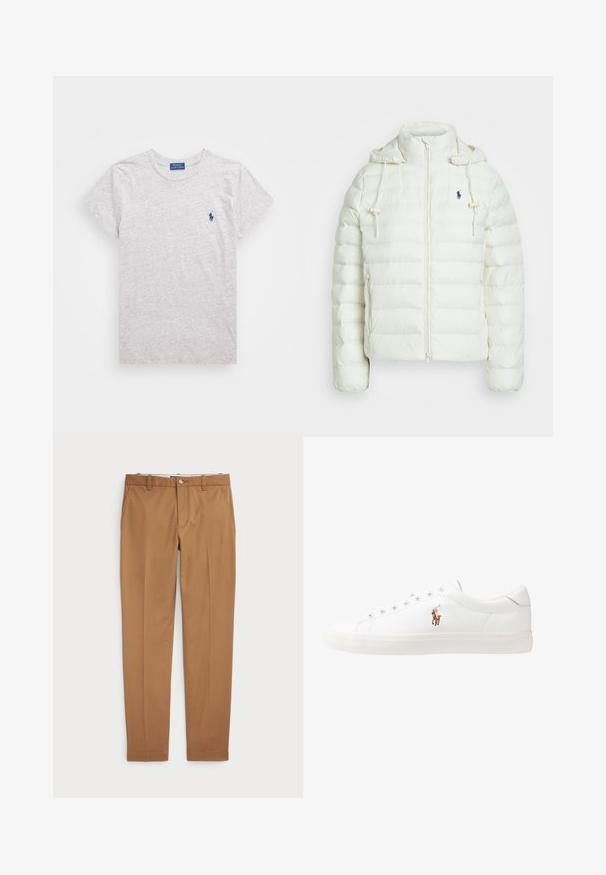 Hvit pufferjakke med glidelås og hette. Har horisontale kviltepartier og en blå logo på venstre bryst. Myk, glatt tekstur.; Grå t-skjorte med korte ermer laget av myk bomull med rund hals. Har en liten blå brodert logo på venstre bryst.; Brune bomullsbukser med en slim-fit design, flat front og standard lommer; jevn tekstur og kantede mansjetter.; Hvite lærsko, lavt design, med en glatt tekstur, rund tå, snøring foran, og en liten brodert logo på siden.