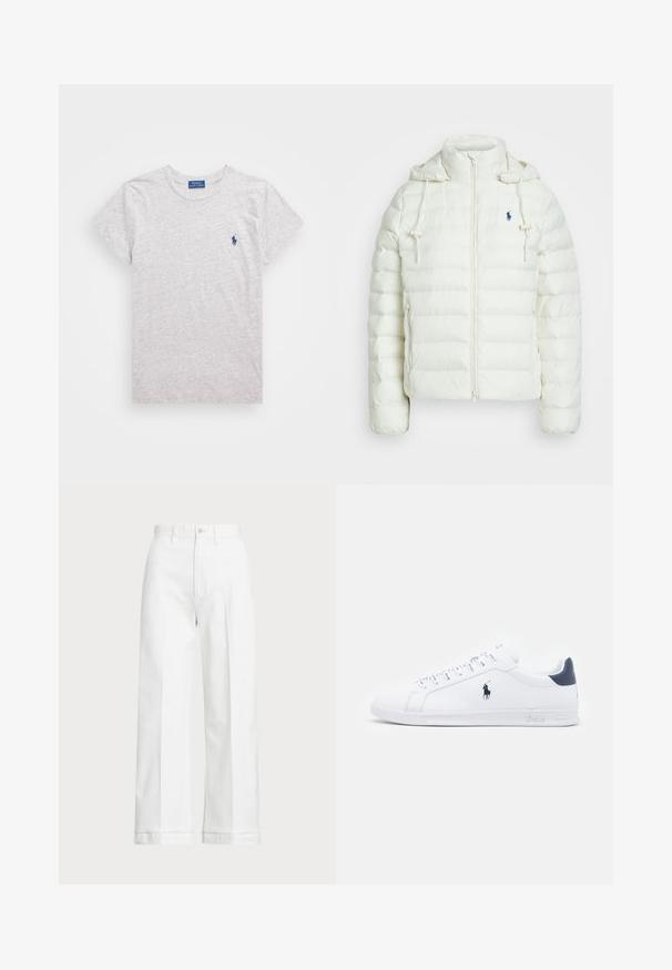 Biela zateplená bunda s predným zipsom a kapucňou. Obsahuje horizontálne prešívané časti a modré logo na ľavej hrudi. Mäkko hladká textúra.; Šedé tričko s krátkym rukávom vyrobené z mäkkej bavlny s okrúhlym výstrihom. Na ľavej strane hrude sa nachádza malé modré vyšívané logo.; Biele široké nohavice s vysokým pásom, s gombíkovým zapínaním a jemnými švovými detailami. Vyrobené z bavlny s hladkou textúrou.; Biele kožené tenisky s hladkým povrchom, námorníckymi akcentmi a malým logom na boku. Obsahujú ploché šnúrky a textúrovanú gumovú podrážku.