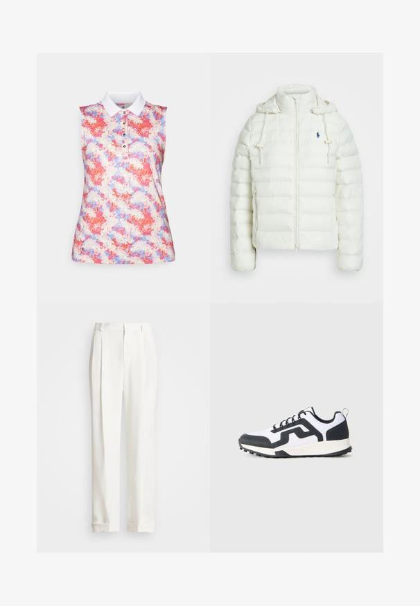 Valkoinen puhallettava takki, jossa on vetoketjusuljin ja huppu. Ominaisuuksia ovat vaakasuorat tilkkutöistä koostuvat osat sekä sininen logo vasemmassa rinnassa. Pehmeä, sileä pinta.; Hihaton polo paita valkoisella kauluksella, jossa on värikäs abstrakti kuvio pinkissä, sinisessä ja kermassa. Napitus kaulassa.; Valkoiset muotitunalatut housut, joissa on kaksi etupuolelta plektiä, suora leikkaus ja käännetyt helmat. Valmistettu sileästä kankaasta, jossa on klassinen muotoilu.; Valkoiset ja mustat matalat tennarit, joissa on kuvioitu kumipohja ja siksak-muotokuvio kyljessä, esitetty ulkopuolelta yksinkertaisella taustalla.