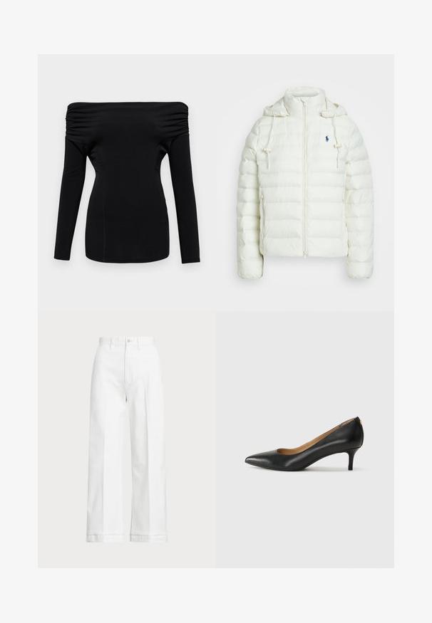 Biała kurtka puchowa z zapięciem na zamek i kapturem. Posiada poziome pikowane sekcje oraz niebieskie logo po lewej stronie klatki piersiowej. Miękka, gładka tekstura.; Czarny, długi rękaw top z dekoltem odkrywającym ramiona. Posiada marszczone detale na ramionach oraz dopasowaną sylwetkę. Gładka faktura.; Białe, szerokie spodnie z wysokim stanem, z zapięciem na guzik i subtelnymi detalami wyszycia. Wykonane z bawełny o gładkiej fakturze.; Czarne skórzane szpilki z wąskim noskiem, niskim obcasem i gładką fakturą. Posiadają lekko otwarte przody i minimalne okucia z tyłu.