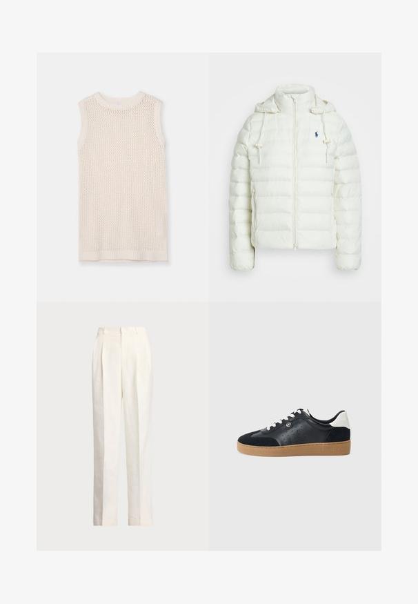 Chaqueta de plumas blanca con cierre de cremallera y capucha. Cuenta con secciones acolchadas en horizontal y un logo azul en el lado izquierdo del pecho. Textura suave y lisa.; Top de punto sin mangas en crema claro, con un patrón de malla y un escote y dobladillo acanalados. La textura suave mejora la transpirabilidad y la comodidad.; Polo Ralph Lauren HEMP WIDE LEG PANT - Pantalones - nevis; Zapatillas de cuero y ante negro con suela de goma marrón claro. Presentan cordones blancos y pequeñas perforaciones en los laterales. Logo de Michael Kors presente.