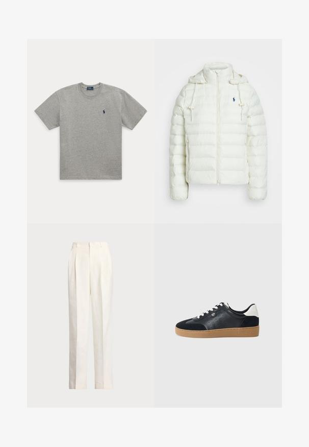 Biała kurtka puchowa z zapięciem na zamek i kapturem. Posiada poziome pikowane sekcje oraz niebieskie logo po lewej stronie klatki piersiowej. Miękka, gładka tekstura.; Szara bawełniana koszulka z okrągłym dekoltem, krótkimi rękawami i małym niebieskim haftowanym logo konia po lewej stronie klatki piersiowej.; Polo Ralph Lauren - Spodnie materiałowe; Czarne skórzane i zamszowe sneakersy z jasnobrązową gumową podeszwą. Posiadają białe sznurowadła oraz małe perforacje po bokach. Obecne logo Michael Kors.