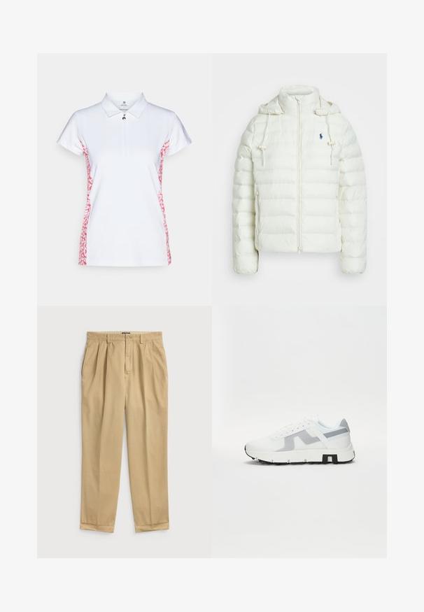 White puffer jacket with a zip closure and hood. Features horizontal quilted sections and a blue logo on the left chest. Soft, smooth texture.; White polo shirt with short sleeves, featuring a zip collar and pink abstract pattern on the sides. Made of textured fabric.; Light beige cotton trousers with a relaxed fit, featuring front pleats, side pockets, and a cuffed hem.; White athletic sneaker with grey accents, a textured upper, thick sole, and contrasting black heel detail. Lace-up design with mesh panels.
