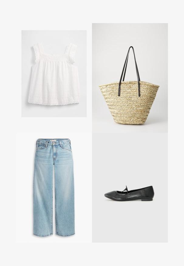 Cappotto beige chiaro realizzato in materiale morbido, con colletto a scanso, chiusura con bottoni, tasche laterali e maniche a raglan.; Top bianco senza maniche con spalline arricciate, motivi floreali ricamati e orlo scallop. Realizzato in tessuto leggero con una vestibilità ampia.; Jeans ampi di colore blu chiaro realizzati in denim, con vita alta, chiusura a bottoni e orlo sfilacciato. Cuciture e tasche visibili.; Ballerine in pelle nera con punta affusolata, superficie testurizzata e un piccolo fiocco decorativo sul davanti. Tacco basso e piatto.; Borsa a tracolla in paglia intrecciata con una forma ampia e affusolata, dotata di due manici in pelle nera. Colore beige naturale con una superficie texture.