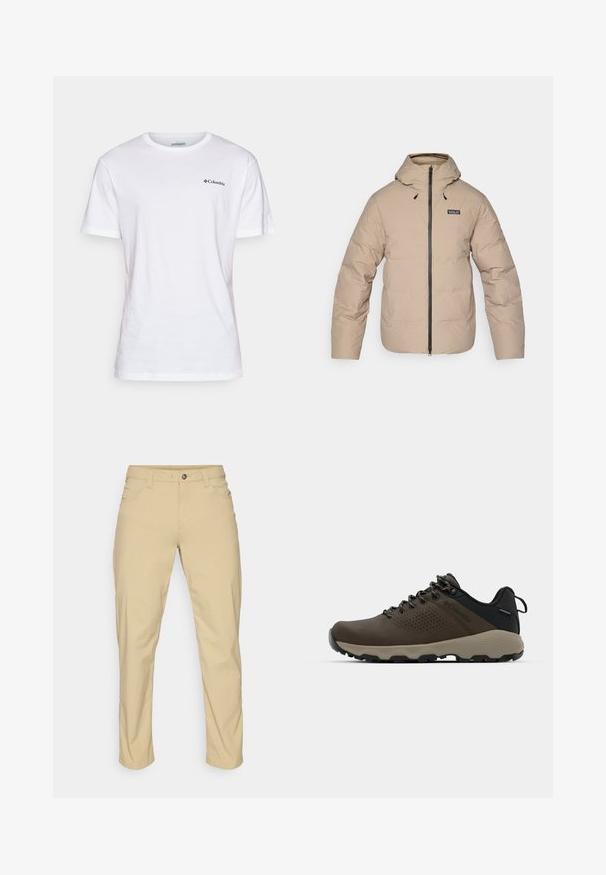 Jachetă puffer bej cu glugă, închidere cu fermoar și manșete elastice. Prezintă un material rezistent la apă și un mic logo pe piept.; Columbia NORTH CASCADES™ SHORT SLEEVE TEE - Tricou cu imprimeu - white; Patagonia QUANDARY PANTS - Pantaloni outdoor - classic tan; Adidași impermeabili maro, cu un superior texturat, accente perforate, suport pentru călcâie negru și o talpă din cauciuc gri. Șireturile au vârfuri metalice.