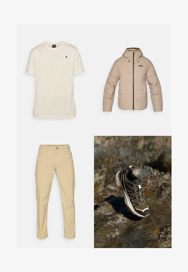 Beige Daunenjacke mit Kapuze, Reißverschluss und elastischen Bündchen. Ausgestattet mit einem wasserabweisenden Stoff und einem kleinen Logo auf der Brust.; Peak Performance EXPLORE GRAPHIC TEE - T-Shirt print - sand fog; Patagonia QUANDARY PANTS - Outdoor-Hose - classic tan; Wanderschuh in Olivgrün und Schwarz mit pinken Akzenten. Verfügt über ein strukturiertes Obermaterial, eine flexible Sohle, eine verstärkte Zehenkappe und ein farbenfrohes Schnürsystem.