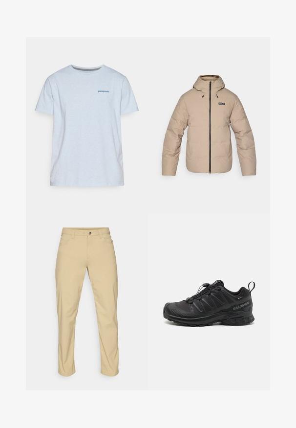 Sötét bézs puffertövek dzseki kapucnival, cipzáros záródással és rugalmas mandzsettával. Vízálló anyagból készült, és egy kis logó található rajta a mellrészen.; Világoskék pamut póló, kerek nyakkivágással és rövid ujjakkal, a mellkasán egy kis kék "patagonia" logóval. Simább textúra.; Patagonia QUANDARY PANTS - Szabadtéri nadrágok - classic tan; Fekete sportcipő, texturált szintetikus felsőrésszel, párnázott talppal és gyorsfűző rendszerrel. Erősített orral és sarokkal rendelkezik.
