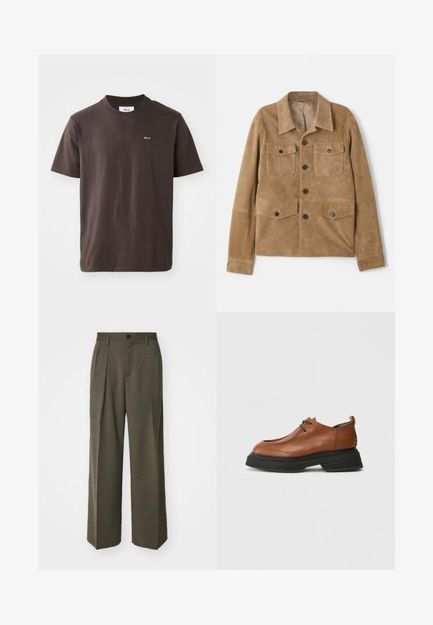Klasiska krāsa brūna zamšādas jaka ar klasisku apkakli, četriem priekšējiem kabatām un pogu aizdari. Iezīmējas ar gludu tekstūru un pielāgotu piegriezumu.; Brūns kokvilnas T-krekls ar ribotu apkakli. Iezīmēts ar mazu baltu logotipu kreisajā krūtī. Īsas piedurknes un taisna apakšmala.; Filippa K WIDE TROUSERS - Auduma bikses - driftwood; Bordo ādas kurpe ar noapaļotu purngalu, auklu dizainu un biezu melnu slāņu zoli. Ievērojama ar savu strukturēto siluetu un tekstūru.