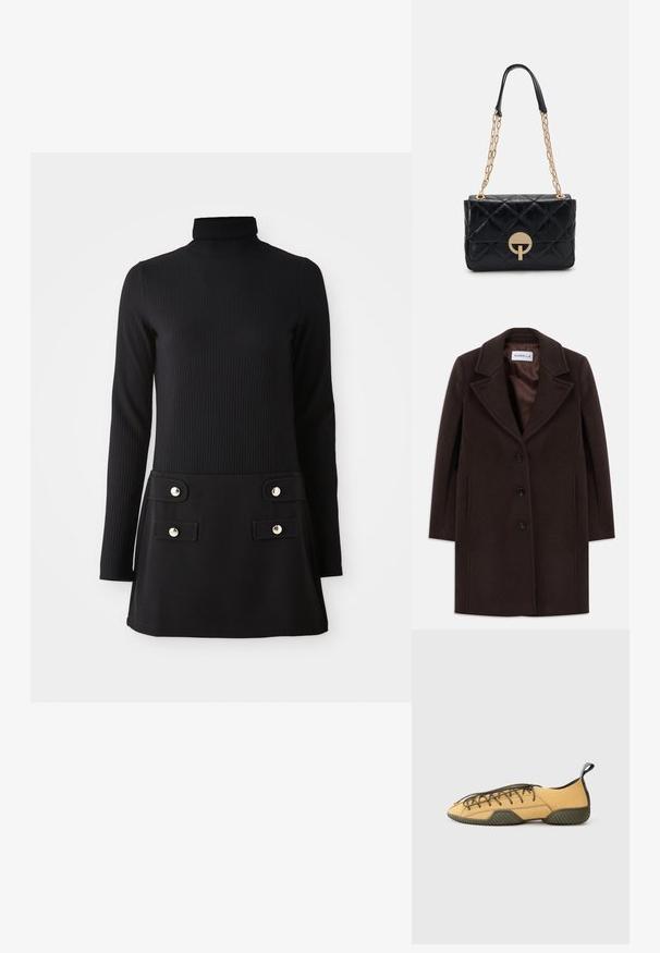 Manteau en laine brun foncé, longueur genou, avec trois boutons noirs, large col à revers et doublure satinée lisse, étiqueté Marella.; Robe noire en maille côtelée à col roulé, avec manches longues, présentant un corsage ajusté et une jupe évasée avec deux poches avant et des boutons dorés.; Chaussure en daim jaune à lacets avec semelle en caoutchouc vert foncé et onglet au talon, présentée de côté sur un fond gris clair.; Sac à main en cuir matelassé noir avec une bandoulière en chaîne dorée, présentant un détail de fermoir circulaire. Forme rectangulaire compacte avec une texture lisse.