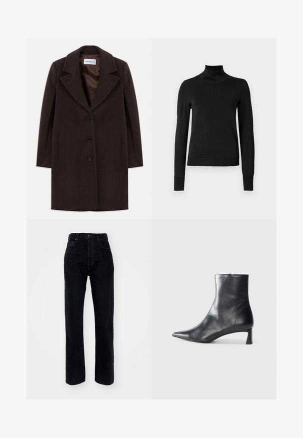 Tamsiai rudas vilnonių medžiagų iki kelių ilgio paltas su trimis juodomis sagomis, plačiu apykaklės kraštu ir lygiu satino pamušalu, pažymėtas Marella.; Juoda ilgomis rankovėmis turtleneko tipo megztinis su rebruotomis rankovėmis ir apačia, eksponuojamas ant paprasto balto fono.; Juodi džinsai su aukštu liemeniu, tiesios kojos dizainu, turintys penkis kišenes, diržo kilpas ir knopkę liemens nustatymui.; Juodas odinis kulkšninis batas su smailiu pirštu ir elegantišku dizainu. Turi žemą kulną ir užtrauktuką gale. Lygi tekstūra.