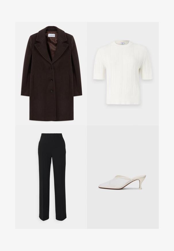 Dark brown wool knee-length coat with three black buttons, wide lapel collar, and smooth satin lining labeled Marella.; White knitted short-sleeve sweater featuring vertical ribbing and a round neckline. Made of soft fabric with a textured finish.; Black, straight-leg trousers with a smooth texture. Features a waistband and no visible patterns or accents. Classic and tailored design.; White mesh pointed-toe mule with a slim mid-height heel and slip-on design against a plain background.