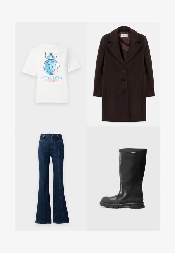 Dark brown wool knee-length coat with three black buttons, wide lapel collar, and smooth satin lining labeled Marella.; White cotton t-shirt with short sleeves featuring a blue beetle graphic and text reading "STINE GOYA CAMPING CLUB SINCE 2006."; High-waisted flared jeans in dark blue denim, featuring front seams, a button closure, and traditional five-pocket styling.; Black leather knee-high boot with a textured finish, rounded toe, and a thick rubber sole. Features a branded plaque on the upper.