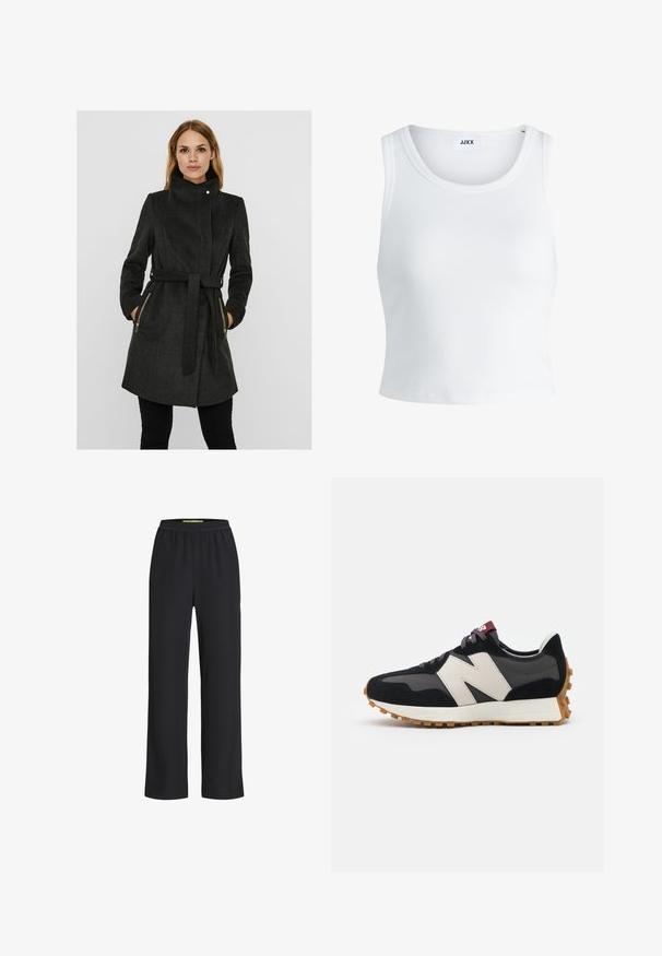 Mørkeblå uldblandingsfrakke med høj krave, bælte i taljen, to lynlåslommer i siden og lange ærmer. Teksturfinish med et struktureret design.; Hvid ribbet tanktop med rund halsudskæring, ærmeløs design og cropped længde. Etiketten står der "JJXX." Glat stoftekstur.; Sorte bredde-ben bukser med elastisk talje, lavet af et blødt stof, der har en glat overflade og en løs pasform hele vejen ned ad benene.; Sort og grå ruskinds sneakers med et stort cremefarvet "N" logo, lilla snørebånd og en struktureret gummisål.