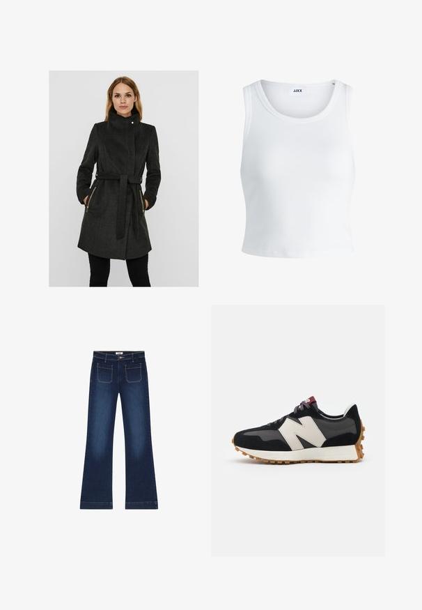 Tumši pelēkā vilnas maisījuma mētelis ar augstu apkakli, jostu viduklī, divām kabatām ar rāvējslēdzēju sānos un gariem piedurknēm. Tekstūras apdare ar strukturētu dizainu.; Balts ribots topiņš ar apaļu kakla izgriezumu, bez piedurknēm un īsā garumā. Uz birkas ir rakstīts "JJXX." Gluda auduma tekstūra.; Tumši zili flared džinsi, izgatavoti no denima. Iespējas piecas kabatas, rāvējslēdzēja aizdare un zeltaini izšuvumi uz šuvēm. Plaša kāju atvere.; Melnas un pelēkas zamšādas sporta kurpes ar lielu krēmkrāsas "N" logotipu, purpura šņorēm un strukturētu gumijas zoli.