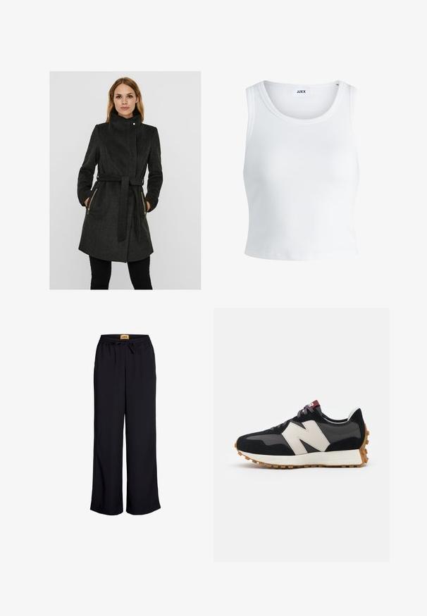 Donkergrijze wolmix jas met hoge kraag, strikceintuur in de taille, twee ritszakken aan de zijkanten en lange mouwen. Gelaagd afwerking met een gestructureerd ontwerp.; Witte geribbelde tanktop met een ronde hals, zonder mouwen en een cropped lengte. Label draagt "JJXX." Gladde stoftextuur.; Zwarte wijde broek met een elastische tailleband en koord. Gemaakt van een gladde stof zonder zichtbare patronen of accenten.; Zwarte en grijze suède sneaker met een groot crèmekleurig "N"-logo, paarse veters en een gestructureerde rubberen zool van gum.