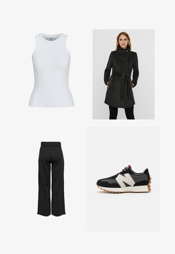 Tmavosivý kabát z vlnenej zmesi s vysokým golierom, opaskom v páse, dvoma zipsovými bočnými vreckami a dlhými rukávmi. Štruktúrovaný dizajn s textúrovaným povrchom.; Biely rebrovaný tielko s okrúhlym výstrihom a bezrukávovým dizajnom. Vyznačuje sa priliehavým strihom a mäkkou textúrou, ideálne na vrstvenie.; Čierne široké nohavice s elastickým pásom, vyrobené z hladkej tkaniny. Majú jednoduchý dizajn, bez vreciek alebo viditeľných švíkov.; Čierne a sivé semišové tenisky s veľkým krémovým logom "N", fialovými šnúrkami a textúrovanou gumovou podrážkou.