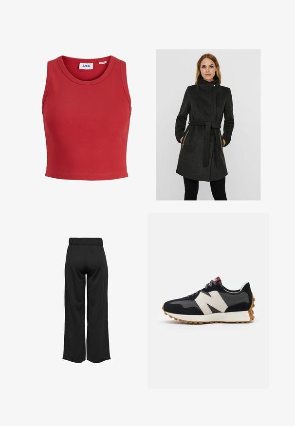 Mørkeblå uldblandingsfrakke med høj krave, bælte i taljen, to lynlåslommer i siden og lange ærmer. Teksturfinish med et struktureret design.; Rød ribbet ærmeløs crop top med rund halsudskæringer og en sammenføjet kant. Har et mærke indeni kraven. Blødt, struktureret stof.; Sorte, vide bukser med elastisk talje, lavet af glat stof. Har et enkelt design uden lommer eller synlige sømdetaljer.; Sort og grå ruskinds sneakers med et stort cremefarvet "N" logo, lilla snørebånd og en struktureret gummisål.