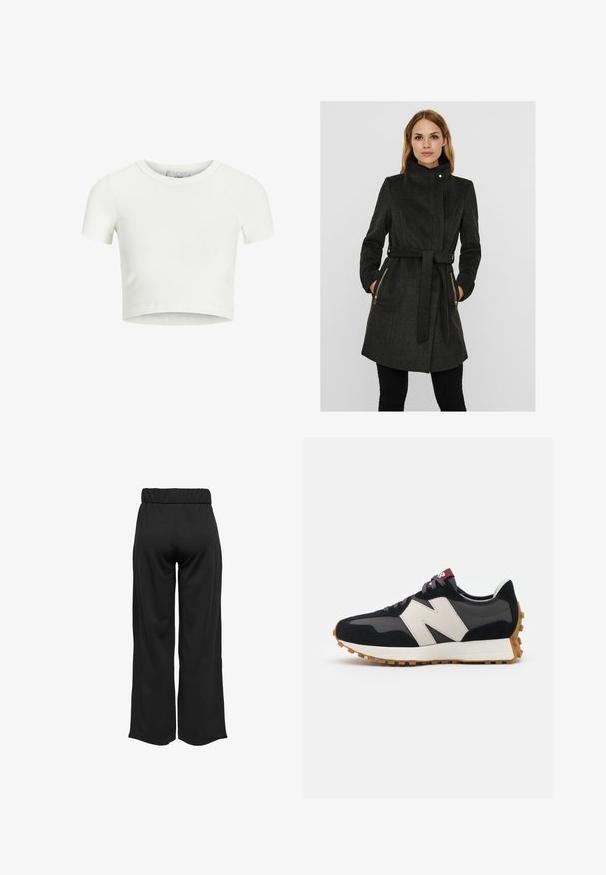 Mørkeblå uldblandingsfrakke med høj krave, bælte i taljen, to lynlåslommer i siden og lange ærmer. Teksturfinish med et struktureret design.; Hvid, cropped t-shirt lavet af ribbet stof. Har en rund halsudskæring og korte ærmer. Glat tekstur med en tætsiddende form.; Sorte, vide bukser med elastisk talje, lavet af glat stof. Har et enkelt design uden lommer eller synlige sømdetaljer.; Sort og grå ruskinds sneakers med et stort cremefarvet "N" logo, lilla snørebånd og en struktureret gummisål.