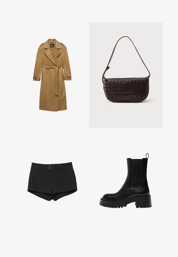 Długi, kamelowy płaszcz trench z zamszu z paskiem w talii, kołnierzem z wcięciem i guzikami przy mankietach. Posiada kieszenie boczne i pagony na ramionach.; Czarny sweter z długimi rękawami, okrągłym dekoltem i luźnym krojem. Wykonany z gładkiego, lekkiego materiału o prostym wzorze.; Czarne szorty wykonane z materiału o gładkiej teksturze. Posiadają elastyczny pas, dwie przednie kieszenie oraz dwa czarne guziki z przodu.; Czarne skórzane botki za kostkę z masywną podeszwą, teksturowanymi bocznymi panelami i pętelką do zakładania. Charakteryzują się gładkim wykończeniem i zaokrąglonym noskiem.; Pleciona skórzana torba na ramię w ciemnym brązie o zakrzywionym kształcie, z regulowanym paskiem i gładkim wykończeniem. Kompaktowy design bez widocznych elementów metalowych.