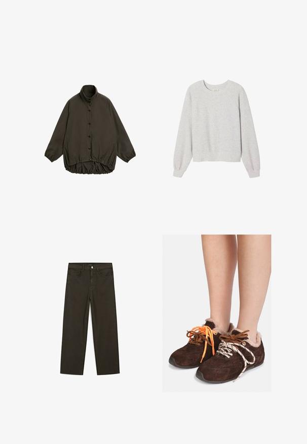Braune gepolsterte Jacke mit hohem Kragen, Raglanärmeln, Knopfverschluss und elastischem gesammeltem Saum. Glatte Textur und leichtes Design.; Hellegrau Crewneck-Sweatshirt aus weichem, strukturiertem Stoff. Verfügt über Raglanärmel und einen cropped Saum. Minimalistisches Design ohne Muster.; Dunkelgrüne Jeans im weit geschnittenen Style, hergestellt aus einem Baumwollgemisch. Sie verfügen über einen Frontknopfverschluss, fünf Taschen und klassische Denim-Nähte.; Braune Wildleder-Slipper mit Fellfutter, die barfuß getragen werden, mit unpassenden Schnüren: eine orange und eine weiße mit schwarzen Streifen.
