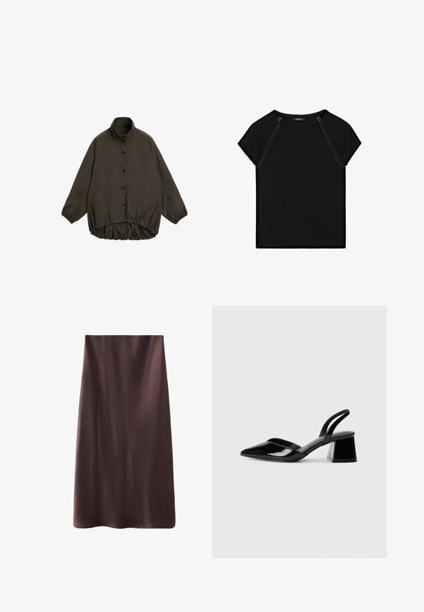 Giubbotto imbottito marrone con colletto alto, maniche raglan, chiusura con bottoni e orlo elastico arricciato. Texture liscia e design leggero.; Top nero a maniche corte con scollatura rotonda e cuciture bianche in contrasto lungo le spalle e i lati. Tessuto morbido e liscio.; Gonna midi marrone con una texture liscia e satinata. Design semplice, forma dritta e bordi rifiniti per un aspetto pulito. Nessun fissaggio visibile.; Décolleté in vernice nera con punta affusolata e tacco in geometria cubica. Presentano un design elegante e minimalista, con una texture liscia.