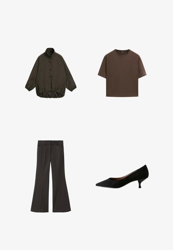 Veste rembourrée marron avec un col haut, des manches raglan, une fermeture à boutons et un ourlet élastique froncé. Texture lisse et design léger.; T-shirt en coton marron, à manches courtes, col rond, coupe décontractée, texture lisse, design minimaliste, sans motifs ni accents visibles.; Pantalons évasés noirs à taille haute ; dotés de deux poches avant et d'une texture de tissu lisse. Adaptés à diverses occasions.; Escarpin en daim noir avec un bout pointu, un petit talon aiguille, une texture lisse et un design minimaliste, adapté pour des occasions formelles ou professionnelles.