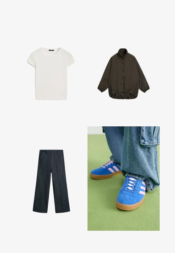 Donkergroen gewatteerd jack met een hoge kraag, knoopsluiting aan de voorkant en een elastische zoom. Heeft raglanmouwen en een gladde buitenkant.; Witte t-shirt met korte mouwen en een ronde hals, gemaakt van zachte katoenstof, met een gladde textuur en een eenvoudig ontwerp.; Denim broek met wijde pijpen in donkerblauw. Voorzien van een gladde textuur, twee voorzakken en een klassieke tailleband met lussen voor een riem.; Blauwe suède schoenen met roze strepen en witte veters, voorzien van een gumrubberen zool, gecombineerd met losse denim broek op een groene ondergrond.