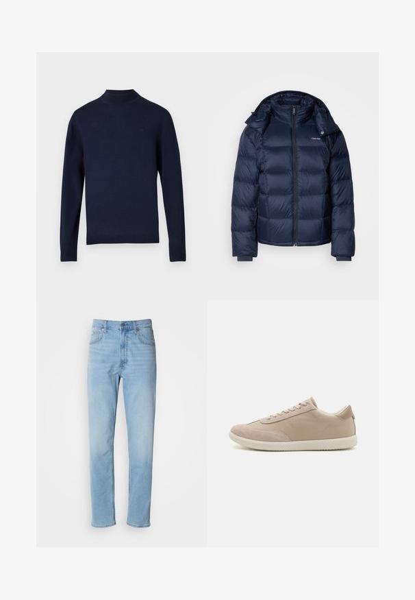 Casaco puffer azul-marinho feito de um tecido brilhante e acolchoado. Apresenta um colarinho alto, fecho frontal completo e punhos ajustados para aquecimento. Logótipo no peito.; Sweater de malha azul marinho com gola alta, mangas longas e punhos canelados. Apresenta um logótipo discreto no peito. Textura suave.; Com jeans de ganga azul claro, ajuste reto, cinco bolsos e passantes para cinto. O tecido apresenta uma textura suave com um ligeiro efeito de desbotado.; Sapatilha bege com uma combinação de materiais em camurça e lona, apresentando atacadores, bico redondo, sola texturizada e um discreto logótipo da marca na lateral.