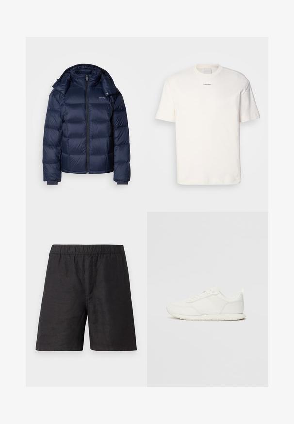 Jūras spēku stila pūkains mētelis, kas izgatavots no spīdīga, kvadrātveida auduma. Iekļauj augstu apkakli, pilnu priekšējo rāvējslēdzēju un pieguļošas aproces siltumam. Logo uz krūšu.; Balta kokvilnas T-kreklu ar apaļu kaklu, īsām piedurknēm un izšūtu "Calvin Klein" logotipu krūšu centrā. Vienkāršs dizains.; Melni lina šorti ar elastīgu jostu, ar brīvu piegriezumu un gludu tekstūru. Bez redzamām kabatām vai izteiktām rakstām.; Baltie sporta apavi ar mežģīņu un sintētisko augšdaļu, apaļu purngalu, plakanu mežģīņu un teksturētu sānu joslu. Gumijas zole ar cilpu aizmugurē.