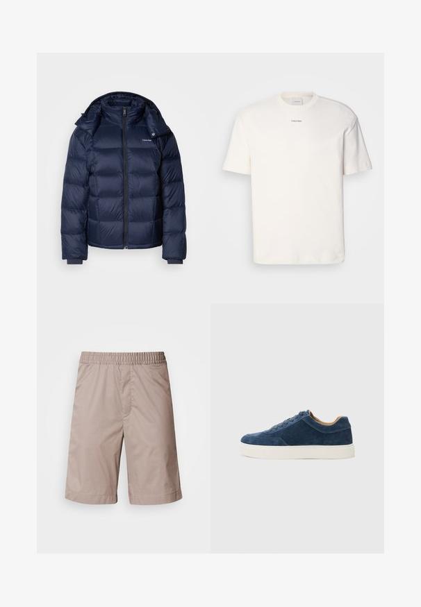 Jūras spēku stila pūkains mētelis, kas izgatavots no spīdīga, kvadrātveida auduma. Iekļauj augstu apkakli, pilnu priekšējo rāvējslēdzēju un pieguļošas aproces siltumam. Logo uz krūšu.; Balta kokvilnas T-kreklu ar apaļu kaklu, īsām piedurknēm un izšūtu "Calvin Klein" logotipu krūšu centrā. Vienkāršs dizains.; Beige šorti ar elastīgu jostasvietu, gludu tekstūru, līdz ceļgaliem griezumu un bez redzamām rakstu vai aprīkojuma detaļām.; Zilas zamša sporta apavi ar baltu gumijas zoli, ar šņorēm, noapaļota purngala forma un kontrastējoša brūna iekšpuse. Smalki izšūšanas elementi.