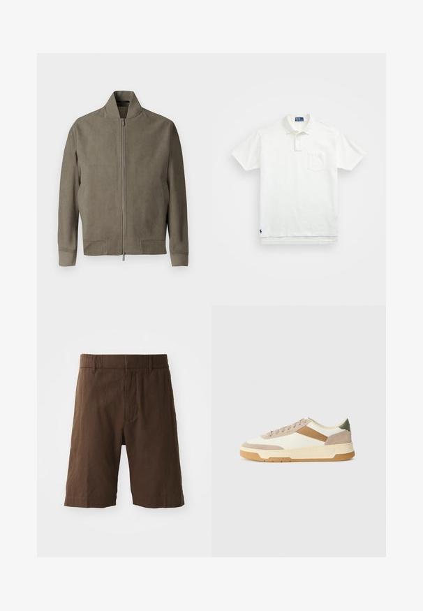 Khaki bombrová bunda s vysokým golierom, plným zipsom vpredu a dvoma bočnými vreckami. Vyrobená z hladkej, textúrovanej látky.; Biela polo tričko vyrobené z bavlny, s klasickým golierom, trojbuttonovou légou a vreckom na ľavej hrudi; malé logo na spodnom leme.; Hnedé ľanové šortky s voľným strihom, elastickým pásom a rovnými nohavicami. Hladká textúra s jednoduchým, čistým dizajnom.; Tenisky v béžovej, krémovej a olivovo zelenej farbe, vyrobené zo semišu a kože, s okrúhlou špičkou, minimalistickým dizajnom a gumovou podrážkou.