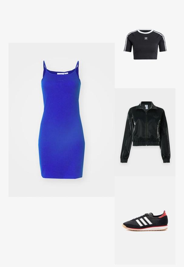 Casaco curto preto brilhante com fecho de correr frontal, gola alta e bainha elástica. Apresenta três riscas nas mangas e um pequeno logotipo no peito.; Vestido azul justo feito de um tecido macio e elástico. Apresenta alças finas e um decote arredondado, com um design simples e sem embellishments.; T-shirt preta cropped feita de algodão, com um gola redonda canelada branca, mangas raglan curtas e riscas laterais brancas com um pequeno logo.; Sapato desportivo preto com riscas brancas, detalhes em camurça e calcanhar vermelho. Textura em malha e sola de borracha com padrão de piso castanho claro.