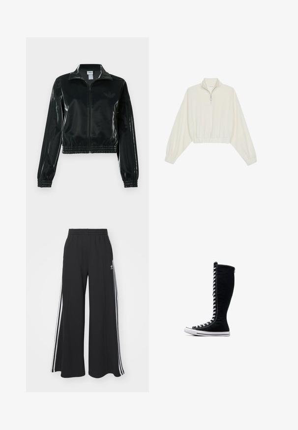 Sort blank cropped jakke med glidelås foran, høy krage og elastisk nederkant. Har tre striper på ermene og en liten logo på brystet.; Kort genser i kremfarget stoff, med høy krage, halv glidelås, elastisk nederste kant og mansjetter, med en glatt tekstur og minimalistisk design.; Svart vide joggebukser med elastisk midjebånd, med hvite sidestriper og brodert logo på venstre lår.; Svarte høyhælte sneakers med et høyt design, laget av kanvas. Har hvite snører, sømmer og en gummisåle med tåhette.