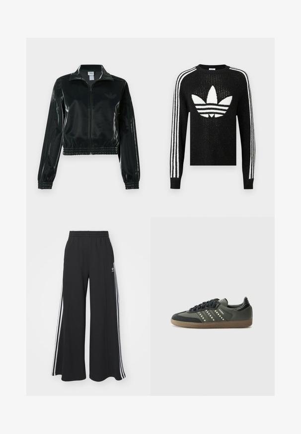 Must läikiv lühike jakk lukuga esiküljel, kõrge krae ja elastse äärega. Varrukatel on kolm triipu ja rinnal väike logo.; Mustvalge kudumik hoidismüts, millel on valge Adidas trefoil logo ja iga varruka peal kolm valget triipu. Tekstuuriga kangas, mis särab kergelt.; Mustad laiad trenni püksid elastse vöökohtaga, millel on valged küljeribad ja tikitud logo vasakul reiel.; adidas Originals SAMBA OG - Tossud - core black/legend earth/gum