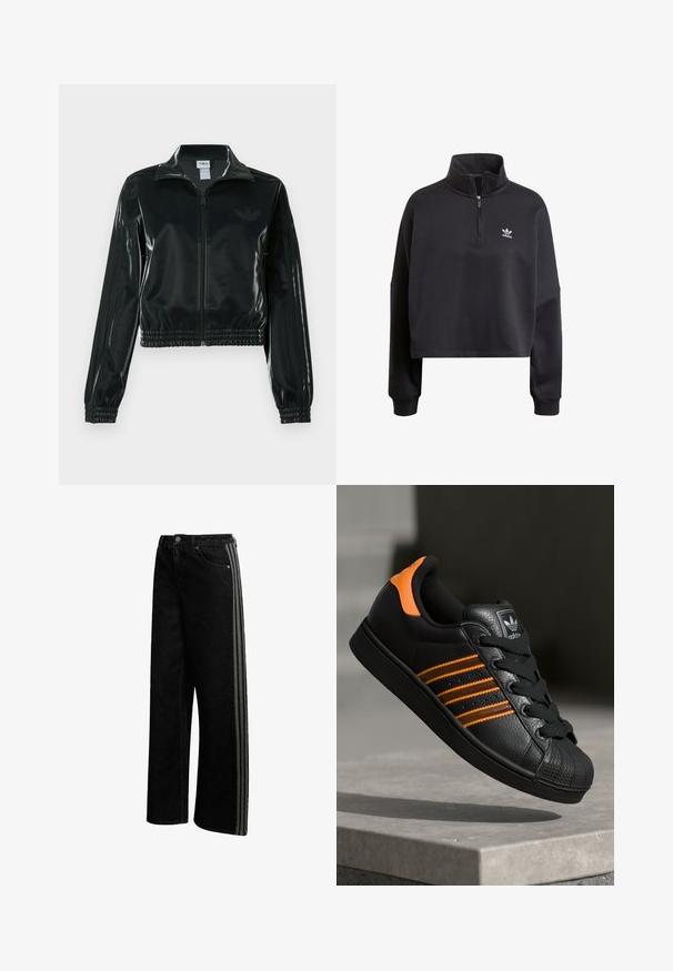 Casaco curto preto brilhante com fecho de correr frontal, gola alta e bainha elástica. Apresenta três riscas nas mangas e um pequeno logotipo no peito.; Sweatshirt preto com puxador de quarto, gola alta, mangas longas e um logotipo bordado no lado esquerdo do peito. Textura suave.; Calças de ganga pretas de perna larga com riscas laterais contrastantes, fecho de botão e design clássico de cinco bolsos. Textura lisa, sem padrões visíveis.; Sapatilha preta com detalhes laranja, três riscas horizontais, parte superior em couro texturizado, bico de borracha e atacadores pretos.