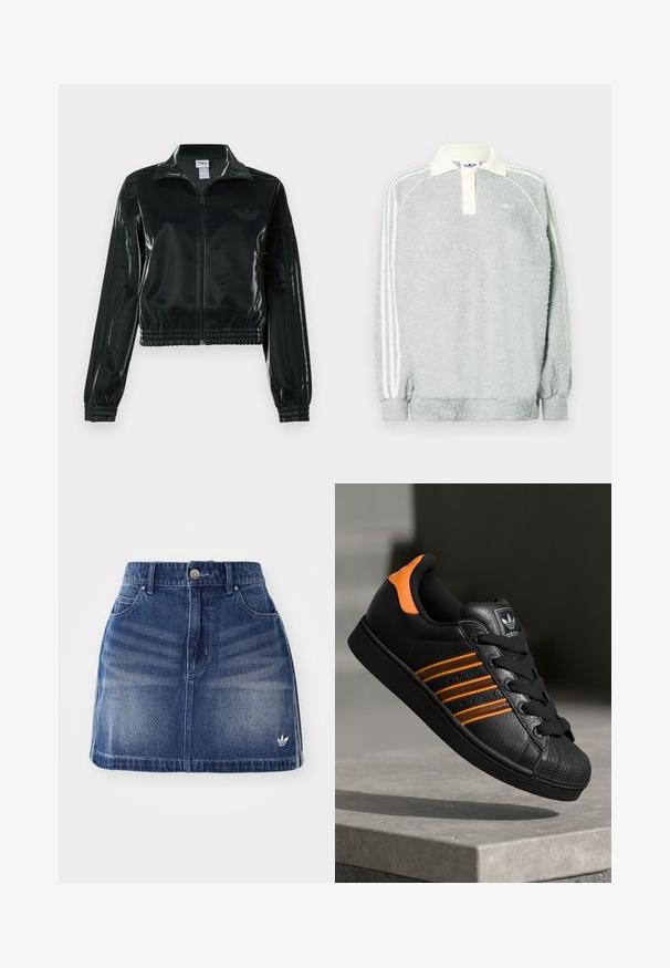 Casaco curto preto brilhante com fecho de correr frontal, gola alta e bainha elástica. Apresenta três riscas nas mangas e um pequeno logotipo no peito.; Polo de manga longa cinza em fleece com colarinho creme, três botões e riscas brancas ao longo das mangas. Textura suave em todo o material.; Saia de denim em azul médio com uma frente ligeiramente desbotada. Apresenta cinco bolsos, um fecho de botão e um pequeno logótipo branco na bainha.; Sapatilha preta com detalhes laranja, três riscas horizontais, parte superior em couro texturizado, bico de borracha e atacadores pretos.