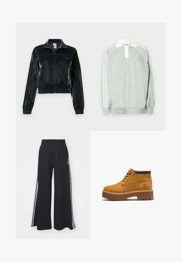 Sort blank cropped jakke med glidelås foran, høy krage og elastisk nederkant. Har tre striper på ermene og en liten logo på brystet.; Grå fleece langermet polo med kremfarget krage, tre knapper og hvite striper langs ermene. Myk tekstur gjennom hele.; Svart vide joggebukser med elastisk midjebånd, med hvite sidestriper og brodert logo på venstre lår.; Brune lær ankle boots med rund tå, brune accenter, tyk platformsål og kontrasterende gule snørebånd. Har et logo på siden.